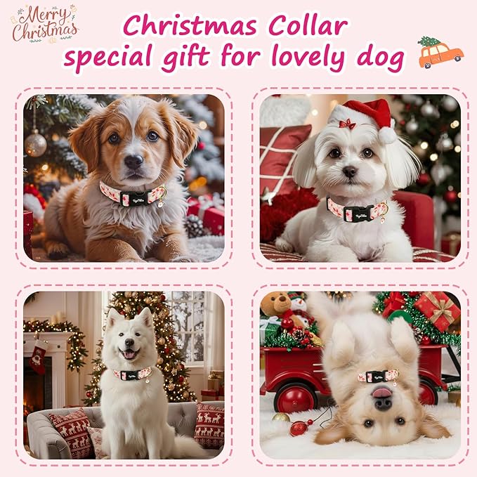 Christmas Dog Collar Large Dog Collars, Adjustable Pink Dog Collars with Jolly Santa Pattern, Cute Dog Christmas Collar for Dogs, Winter Holiday Dog Collar for Girl Boy Dogs-L