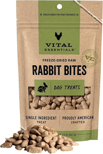 Vital Essentials Rabbit Bites Dog Treats, 2 oz | Freeze-Dried Raw | Single Protein | Premium Quality High Protein Training Treats | Grain Free, Gluten Free, Filler Free