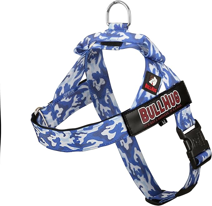 BULLHUG Adjustable Dog Harness– No Pull, No Choke – for English Bulldogs, French Bulldogs, Pugs & Broad-Chested Breeds – Easy, Safe Walks (Blue Camouflage, Large)