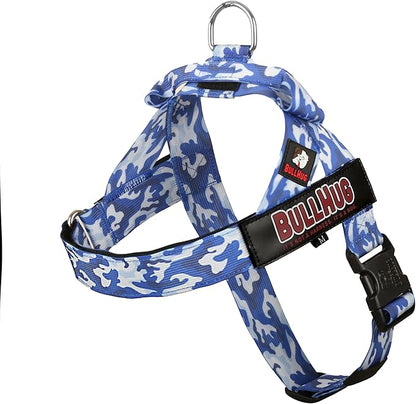 BULLHUG Adjustable Dog Harness– No Pull, No Choke – for English Bulldogs, French Bulldogs, Pugs & Broad-Chested Breeds – Easy, Safe Walks (Blue Camouflage, Large)