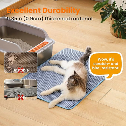 Petinstinct Extra Large Cat Litter Mat, 30x22 Inches Honeycomb Double Layer Cat Litter Trapping Mat, Non Slip Waterproof Urine Proof Large Kitty Litter Box Mat for Floor, Kitten Supplies, XL, Blue