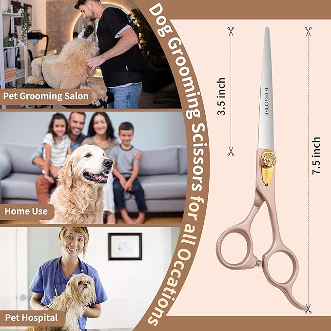 TOPGOOSE 7.5'' Dog Straight Scissors for Grooming 440C Stainless Steel Rose Gold Professional Pet Trimming Scissors Sharp Blades Cutting for Dogs and Cats Shears (Rose Gold, Straight)
