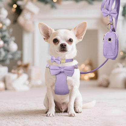 Beirui Adorable Small Dog Harness Collar and Leash Set,Cute XXS Puppy Harness Set with 3 Bows for Tiny Dogs,Chihuahua,Adjustable Step-in Vest for Daily Walking,Parties&Holiday Outfits(Purple,XXS)