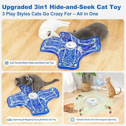 Qraxond Interactive Cat Toys for Indoor Cats,[Newly Upgraded] Rechargeable Touch Activated Hide and Seek Kitten Toys for Bored Indoor Adult Cats with Fluttering (Blue)