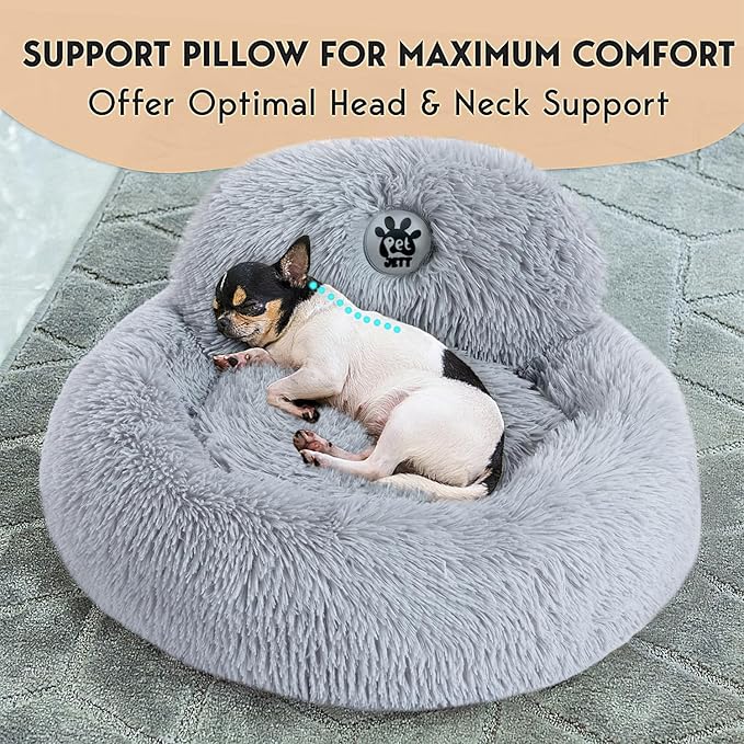 PetJett Calming Small Dog Bed - 23'' Round Dog Beds, Anti-Slip & Washable Super Soft Fluffy Plush Faux Fur Pet Bed, Anti-Anxiety Premium Comfort Donut Puppy Bed, Fits Dogs up to 25 lbs - Bright Grey