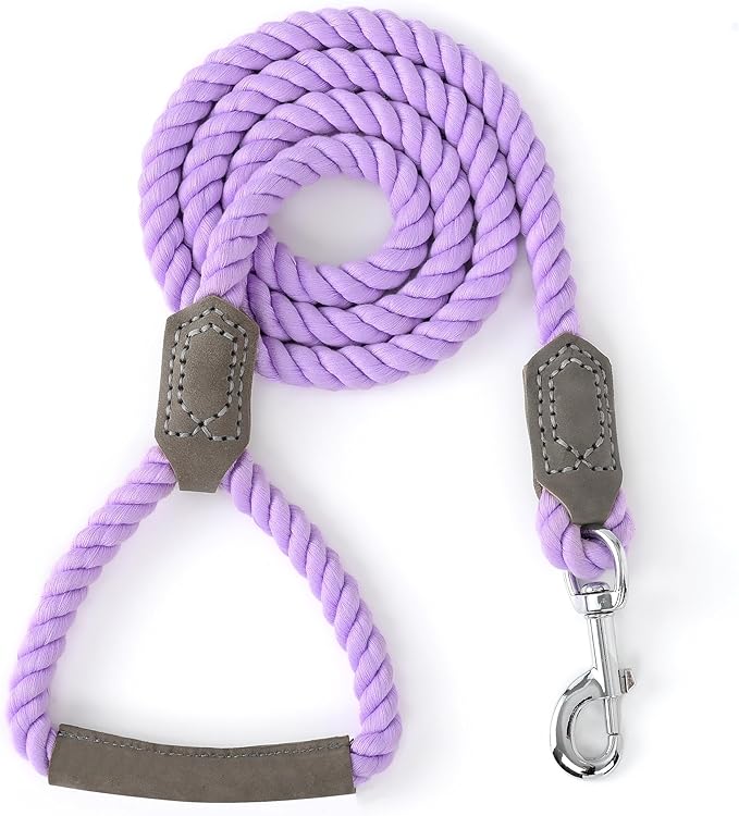 Mile High Life Dog Leash, Braided Cotton Rope Leashes with Leather Handle - Heavy Duty Metal Clasp, 6FT, 1/2" Thick - Wedding, Walking & Training Leash for Small Medium Large Dogs (Purple)