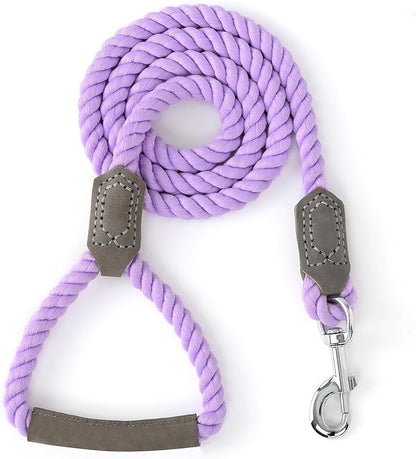 Mile High Life Dog Leash, Braided Cotton Rope Leashes with Leather Handle - Heavy Duty Metal Clasp, 6FT, 1/2" Thick - Wedding, Walking & Training Leash for Small Medium Large Dogs (Purple)