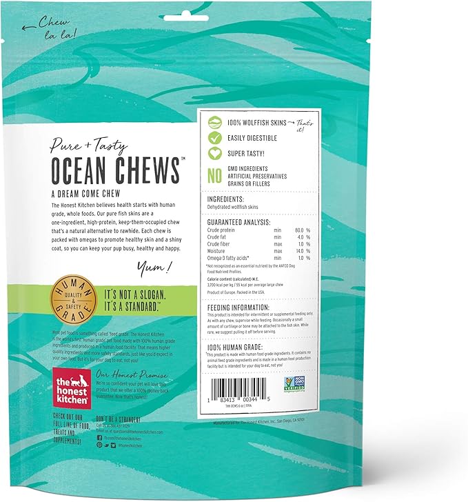 The Honest Kitchen Human Grade Ocean Chews Hearty Wolffish Skins Dog Treats, 6 oz (Beams)