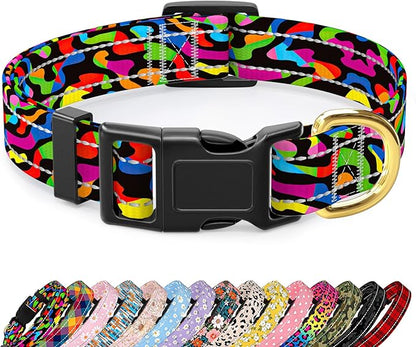 Reflective Dog Collar for Medium Dogs, Cute Boho Adjustable Heavy-Duty Nylon Puppy Collar for Boy and Girl Female, Soft Pet Accessories with Quick Release Buckle, Abstract Rainbow Art