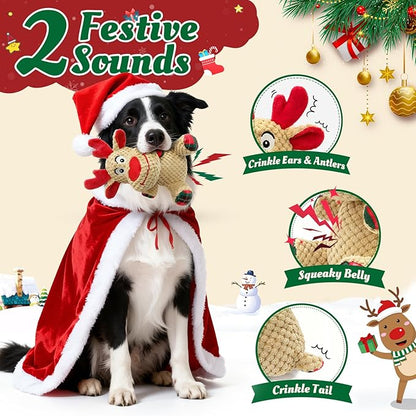 Reindeer Squeaky Plush Dog Toy – Soft Crinkle Stuffed Chew Toy for Small & Medium Dogs, Cute Holiday Puppy Toy