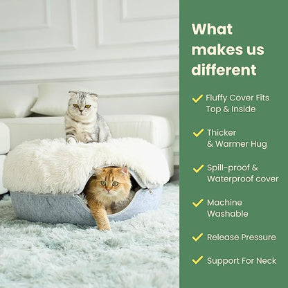 CATTASAURUS Peekaboo Cat Cave for Multiple & Large Cats Up to 30-45 Lbs, Fluffy Cat Beds for Indoor Cats, Scratch Detachable & Washable Tunnel Bed, Comfy Donut Cave (Light Gray, Large (Calming))