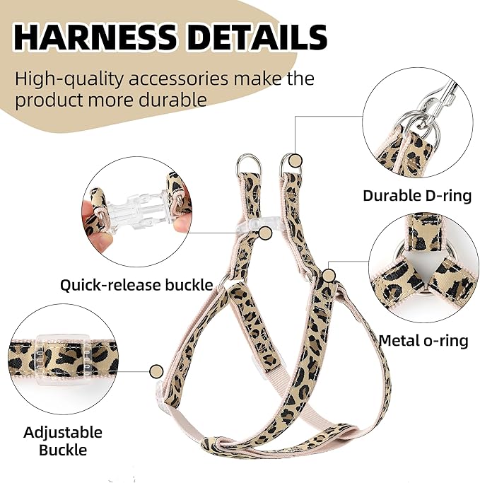 Mile High Life Leopard Dog Harness Collar Leash Set, Adjustable No Pull Dog Halter Harness for Small Breed Dogs, Easy Control for Training Walking (Beige, S Chest 11"-18", Neck 10"-14")