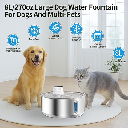 Petsamuse Wireless Dog Water Fountain, 2.1Gal/8L Battery Operated Stainless Steel Pet Water Fountain Motion Sensor Dog Water Bowl Large Cat Bowl Inside with 3 Filters and 2 Ultra Quiet Pumps