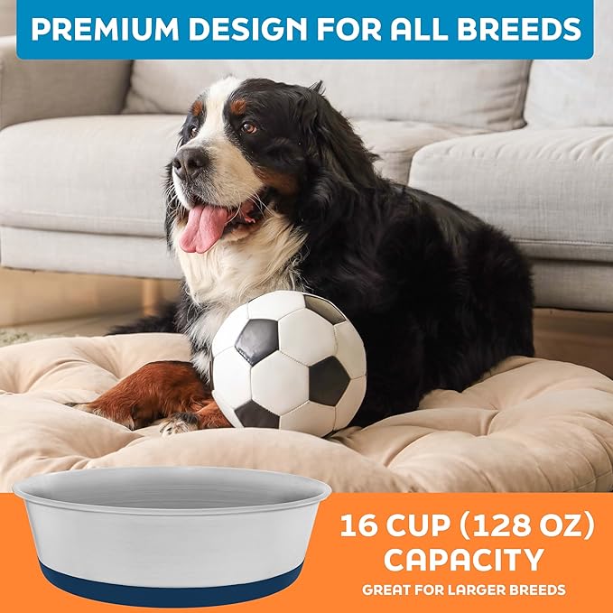 Master Pet Supply Stainless Steel Dog Bowls Set of 2 with Extra Thick Silicone Base - 16 Cup (128 oz) Navy Blue, Non-Slip, Dishwasher Safe Metal Bowls, Pet Dog Food Bowl for Dogs, Cats, Anti Rust