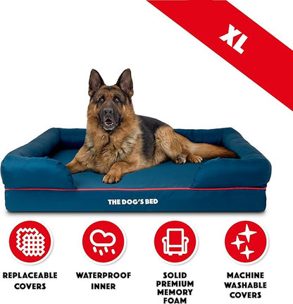 The Dog’s Bed Orthopedic Dog Bed XL Oxford Blue with Red Trim, Memory Foam, Pain Relief: Arthritis, Post Surgery, Lameness, Supportive, Waterproof Washable Cover, Veterinary Approved