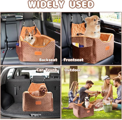 AlfaTok Memory Foam Booster Dog Car Seat with Washable Removable Cover, Elevated Pet Car Seat, Anti-Slip Sturdy Booster Seats for Small Dogs 35lbs, Seat Belt, Storage Pocket, Dog Blankets