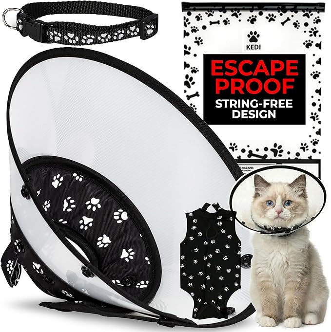 Cat Recovery Cone Kit Post Surgical Soft Pet Vest, Collar, and Non-Irritating Protection Cone for Cats - Comfortable Injury Care Solution (Black with White Paws, Small)