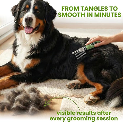 Poodle Dematting Fur Rake Comb Brush for Dogs and Cats - Long 2.5" Steel Safety Blades Metal Comb for Detangling Matted or Knotted Undercoat Hair (Green)