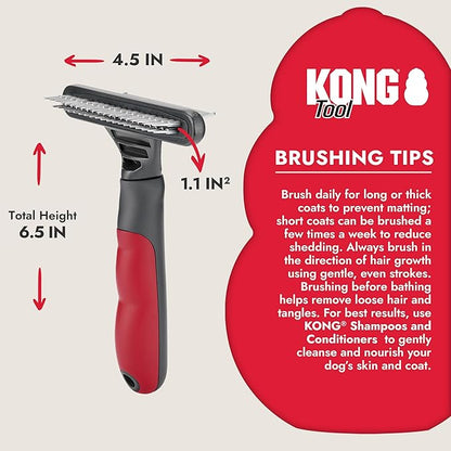 KONG Double-Sided Rake & Deshedding Tool – Detangling & Shedding Control, Rounded Metal Tips, Non-Slip Grip, for Medium to Large Dogs with Medium to Long Coats, Red/Gray
