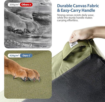 Sytopia XXL 50" Orthopedic Dog Bed – Outdoor Canvas 7" Thick Memory Foam Mattress with Pillow, Removable Washable Waterproof Liner – Ultimate Comfort for Extra Large Breed Dogs Over 100 Pounds, Green