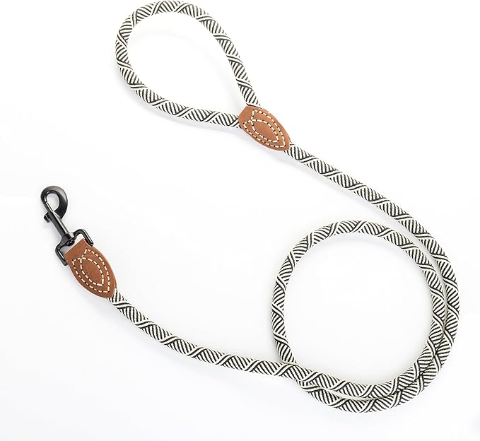 Mile High Life Rope Leash with Genuine Leather Connection, 6 FT/5 FT/4 FT, Heavy Duty Leash for Medium & Large Dogs (Black Beige, 48 Inch)
