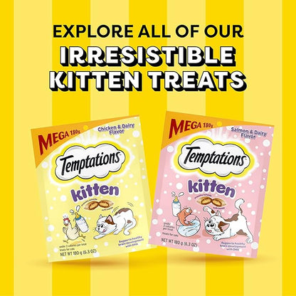 Temptations Kitten Crunchy and Soft Treats Chicken and Dairy and Salmon and Dairy Variety Pack, 6.3 oz. Pouches (Pack of 4)