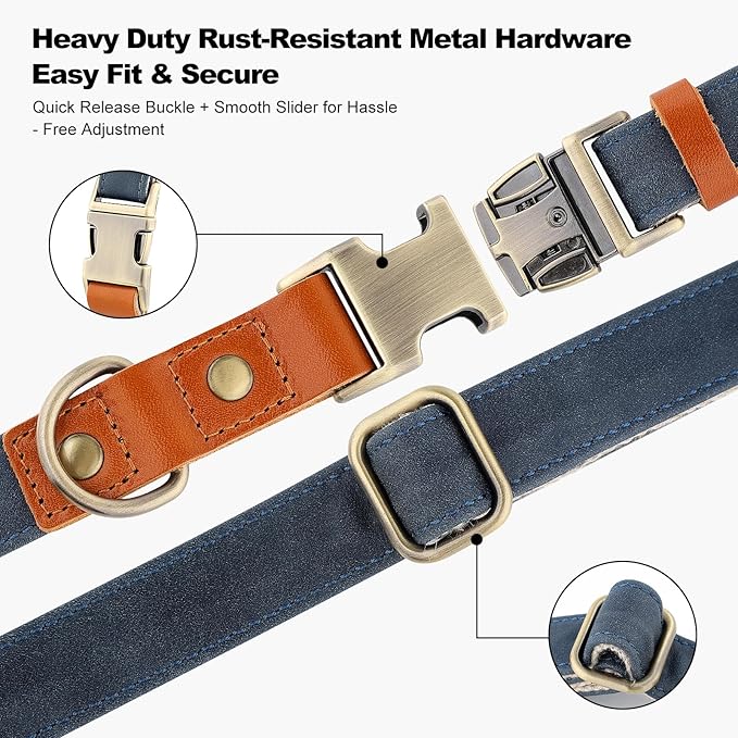 Plutus Pet Genuine Leather & Hemp Dog Collar – Adjustable Heavy Duty Pet Collar with Quick Release Metal Buckle, Soft & Stylish for Puppy and Small, Medium, Large Dogs (Blue, XS)