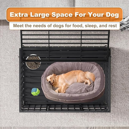 HMHTCT 42 Inch Heavy Duty Dog Crate with Wheels,Indestructible Escape-Proof Dog Kennel with Locking Latch and Double Door,Extra Large XL XXL Crate Indoor for Large and Medium Dog with Removable Tray