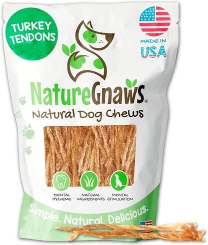 Nature Gnaws USA Turkey Tendons for Dogs (8oz) - Delicious Grain Free Reward Snack for Small, Medium & Large Breeds - Premium Natural Dog Chew Treats
