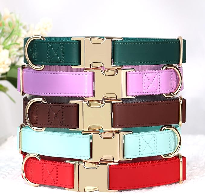PET ARTIST Soft PU Leather Dog Collar, Bright Color & Durable Dog Collar Leather with Rose Gold Quick Release Metal Buckle, Adjustable Nylon Padded Pet Collars for Large Dogs, Neck Fit 16-27"
