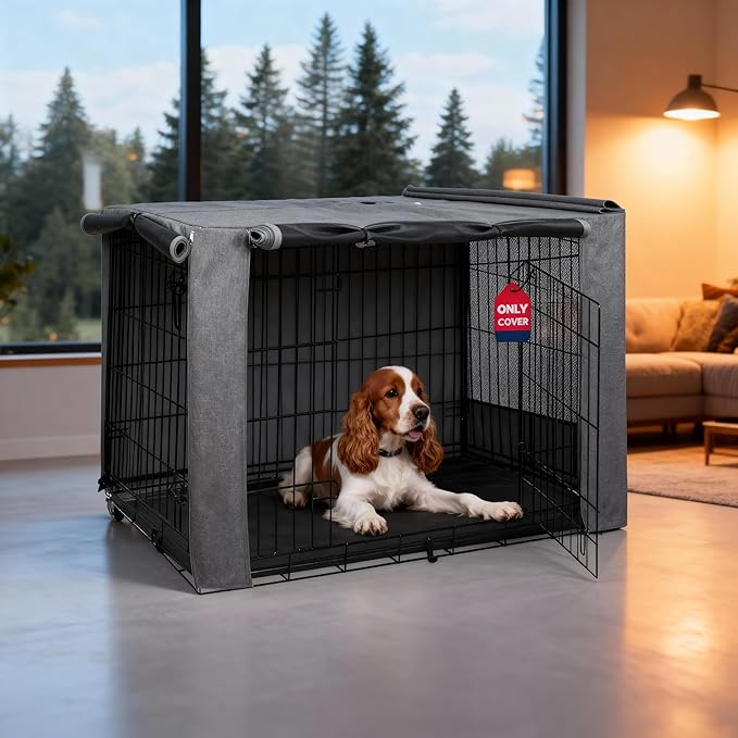 HiCaptain Breathable Dog Crate Cover 30 Inch, Durable Heavy Duty Kennel Cover, Dual Zippered Panels, Windproof Waterproof UV-Resistant(Grey)