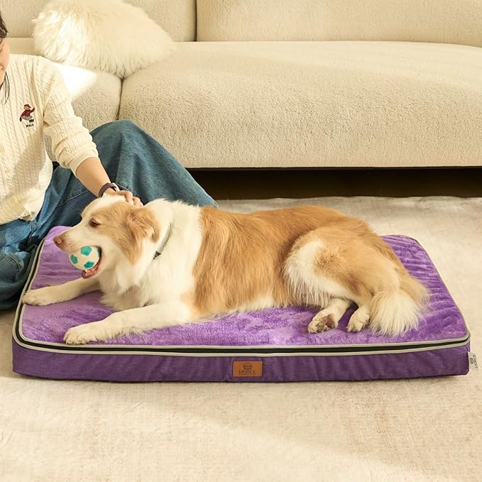 LIORCE Memory Foam XL Dog Bed - 4” Thick Orthopedic Beds for Extra Large Dogs - Waterproof Dog Bed with Removable Washable Cover & Wrap-Around Zipper - Ultimate Comfort and Easy Maintenance, Purple