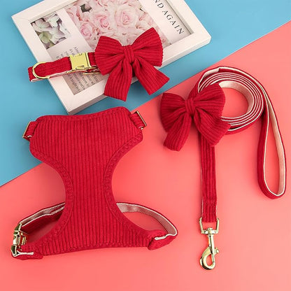 Didog Cute Small Dog Harness Collar and Leash Set with Bowtie, Breathable Soft Mesh Padded Puppy Harness, Christmas Dog Harness for for Parties, Holiday Gatherings & Gifts, Red, S