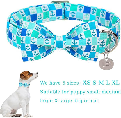 Dog Collar with Bow Tie, Comfortable Cotton Summer Dog Bowtie Collar, Durable Metal Buckle Cute Pet Collar for Puppy Girl Boy Dog or Cat, XS