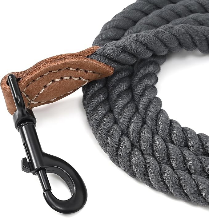 Mile High Life Dog Leash, Braided Cotton Rope Leashes with Leather Tailor Tip with Leather Tip - Heavy Duty Metal Clasp, 5FT, 1/2" Thick - Wedding, Walking for Medium Large Dogs(Dark Gray)
