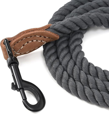 Mile High Life Dog Leash, Braided Cotton Rope Leashes with Leather Tailor Tip with Leather Tip - Heavy Duty Metal Clasp, 5FT, 1/2" Thick - Wedding, Walking for Medium Large Dogs(Dark Gray)