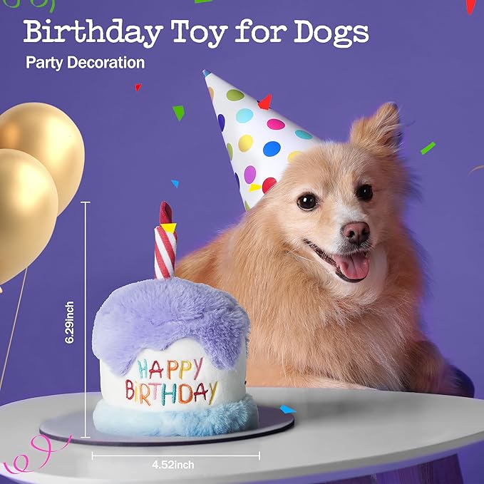 Fuzzwoof Dog Happy Birthday Cake Toy with Crinkle, Stuffed Plush Puppy Present for Birthday Party, Dog Toy for Small Medium