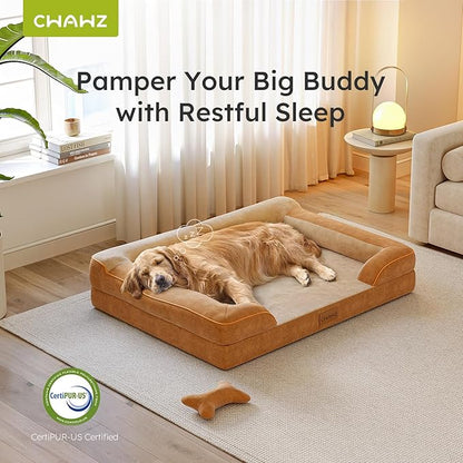 CWAWZ Dog Beds for Large Dogs, Orthopedic Dog Bed with Cooling Gel Memory Foam, Waterproof Large Pet Bed with Removable Washable Cover, 36" Pet Sofa Couch Dutch Velvet with Bone Toy, Brown