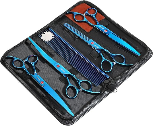 7.0in Titanium Professional Pet Grooming Scissors Set, GEMEK 6 in 1 Straight & Thinning & Upwards Curved & Downwards Curved Scissors & Comb for Dogs, Cats (Blue)