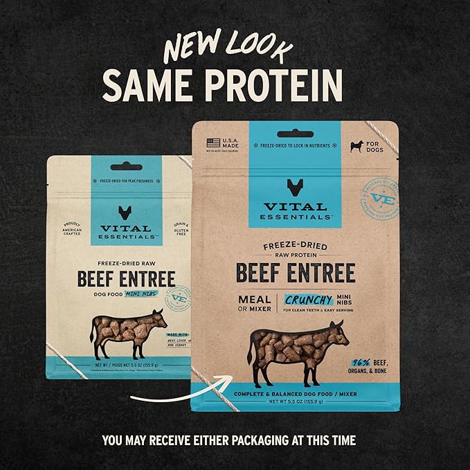 Vital Essentials Freeze-Dried Raw Dog Food, Beef Crunchy Mini Nibs | Complete Meal or Mixer | High Protein Dog Food | 5.5 oz