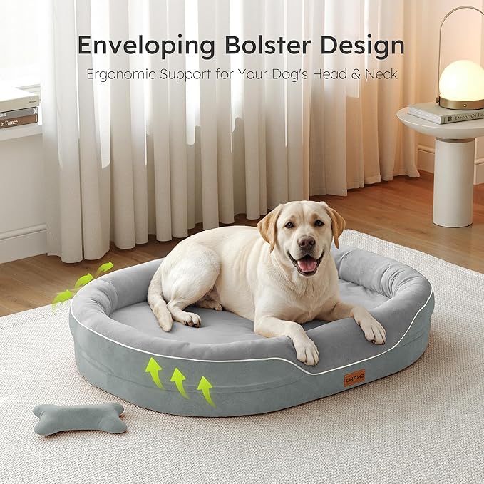 CWAWZ Jumbo Orthopedic Dog Bed, Big Dog Bed for Extra Large Sized Dogs with Full-Surround Bolsters, Dual-Sided Dog Cooling Bed with Memory Foam, Washable Pet Sofa Couch with Nonslip Bottom, Light Grey