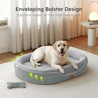 CWAWZ Jumbo Orthopedic Dog Bed, Big Dog Bed for Extra Large Sized Dogs with Full-Surround Bolsters, Dual-Sided Dog Cooling Bed with Memory Foam, Washable Pet Sofa Couch with Nonslip Bottom, Light Grey