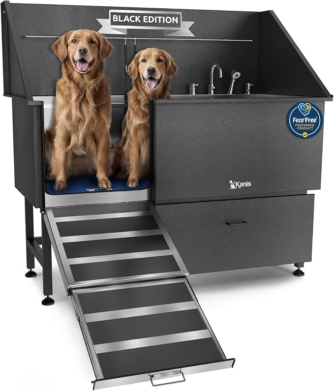 KANIS Professional Dog Washing Station - 304 Stainless Steel Pet Wash Sink & Grooming Bathtub w/Shower, Floor Grates and Storage for Large, Medium & Small Pets (61, Black 1 Drawer - Left RAMP)