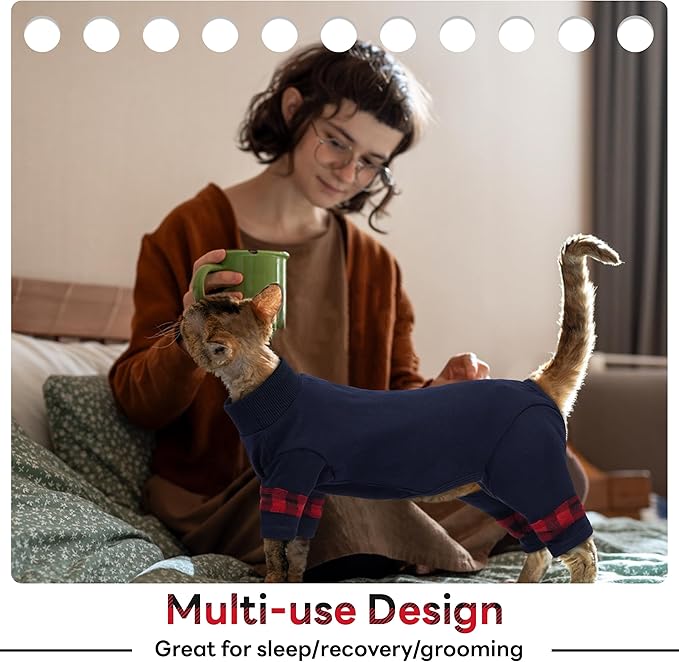PUMYPOREITY Cat Pajamas, Stretchy 4-Leg Design with Back Buckles for Easy On/Off, Soft Cat Recovery Suit Reduce Wound Licking After Surgery, Kitten Onesie - Machine Washable, XS, Blue