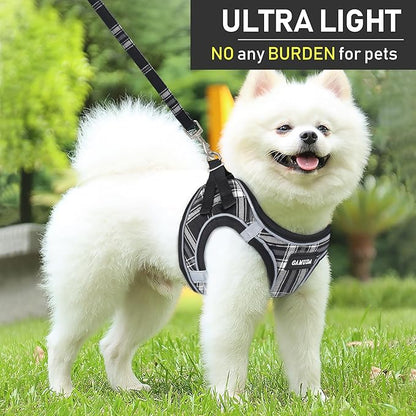 GAMUDA Small Dog Harness Collar and Leash Set, Step in No Chock No Pull Soft Mesh Adjustable Dog Vest Harnesses Plaid Reflective for Dogs Puppy Cats Kitten Rabbit (Black, L)