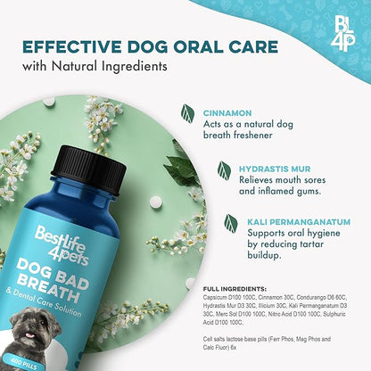 Dog Bad Breath & Dental Care Solution, Supports Canine Oral Health, Relieves Stinky Breath, Tooth Pain, Red Swollen Gums, Helps Reduce Plaque and Gingivitis, 400 Odorless, Tasteless Easy to Use Pills