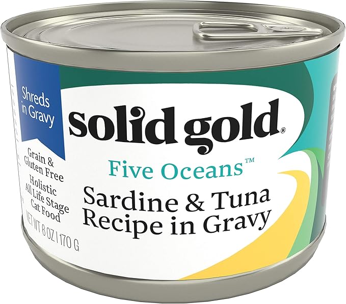 Solid Gold Wet Cat Food Shreds in Gravy - Canned Cat Food Made w/Real Tuna & Sardine - Five Oceans Grain Free 16ct/6oz Can