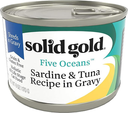 Solid Gold Wet Cat Food Shreds in Gravy - Canned Cat Food Made w/Real Tuna & Sardine - Five Oceans Grain Free 16ct/6oz Can