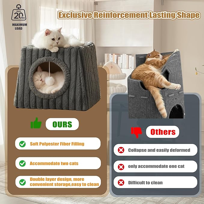 Indoor Cat House - Large Cat Bed Cave with Fluffy Balls and Scratch Pads, Foldable House and Apartment with Pads, Suitable for Multiple Cats (Deep Grey, Large)