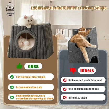 Indoor Cat House - Large Cat Bed Cave with Fluffy Balls and Scratch Pads, Foldable House and Apartment with Pads, Suitable for Multiple Cats (Deep Grey, Large)